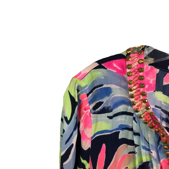 Lilly Pulitzer‎ Women's Arielle Beaded Romper High Tide Navy Tropicolada Pink XS - Picture 5 of 9